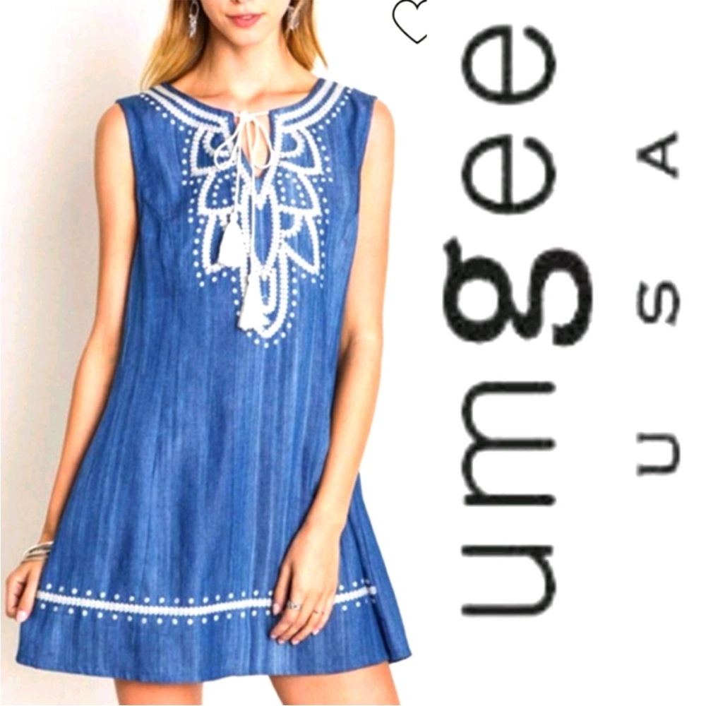 Umgee‎ Chambray Shift Embroidered Mini Dress Boho Medium
